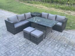 Fimous Outdoor Garden Furniture Set Patio Rattan Rectangular Table Lounge Sofa 8 Seater in Dark Grey - thumbnail 1