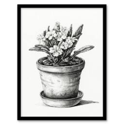 Artery8 Jean Bernard Framed Wall Art Potted Flowering Plant Pencil Drawing in White - Size: A4 - thumbnail 1