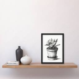 Artery8 Jean Bernard Framed Wall Art Potted Flowering Plant Pencil Drawing in White - Size: A4 - thumbnail 2