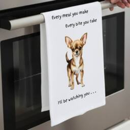 Animal Crackers Dog Tea Towel With 'Watching You' Funny Wording -Chihuahua in White - thumbnail 3