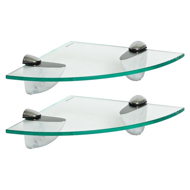 Harbour Housewares 2x Floating Glass Corner Shelves - 20cm Bathroom Storage Display Unit in Silver - image 1