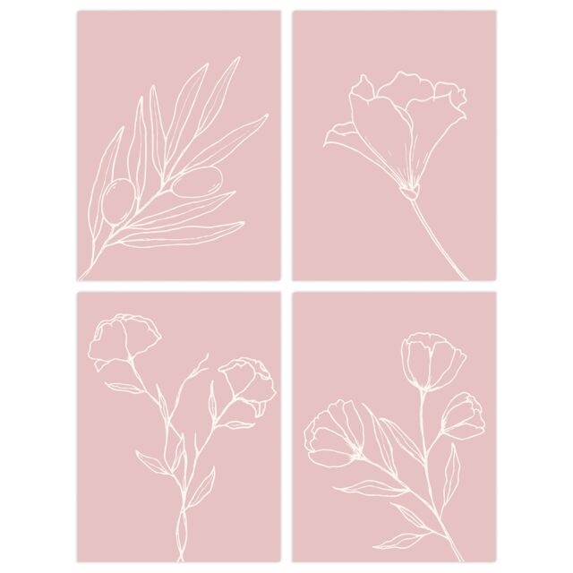 Artery8 Wall Art Print Pack of 4 A4 Minimalist Wildflower Outline Cream on Pastel Pink Simple Floral Living Room s Set - image 1