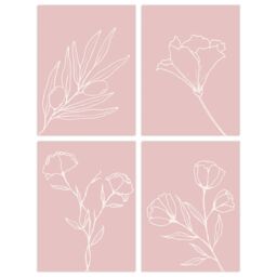 Artery8 Wall Art Print Pack of 4 A4 Minimalist Wildflower Outline Cream on Pastel Pink Simple Floral Living Room s Set - thumbnail 1