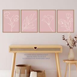 Artery8 Wall Art Print Pack of 4 A4 Minimalist Wildflower Outline Cream on Pastel Pink Simple Floral Living Room s Set - thumbnail 2