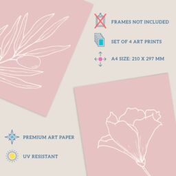 Artery8 Wall Art Print Pack of 4 A4 Minimalist Wildflower Outline Cream on Pastel Pink Simple Floral Living Room s Set - thumbnail 4