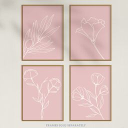 Artery8 Wall Art Print Pack of 4 A4 Minimalist Wildflower Outline Cream on Pastel Pink Simple Floral Living Room s Set - thumbnail 5