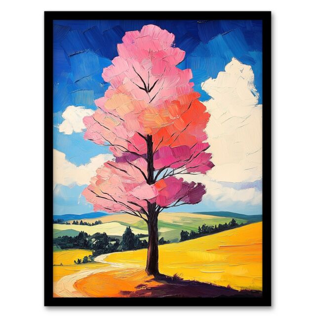 Artery8 Pink Tree in Countryside Field Landscape Painting Framed Art Print - Size: A4 - image 1