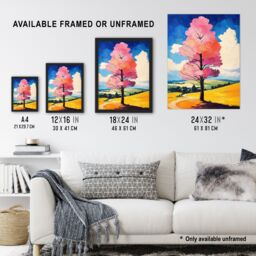 Artery8 Pink Tree in Countryside Field Landscape Painting Framed Art Print - Size: A4 - thumbnail 3