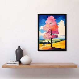 Artery8 Pink Tree in Countryside Field Landscape Painting Framed Art Print - Size: A4 - thumbnail 4