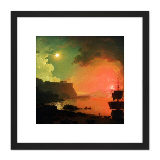 Artery8 Wright Derby Volcano Vesuvius Posillipo Painting 8X8 Inch Square Wooden Framed Wall Art Print Picture with Mount in Black - image 1