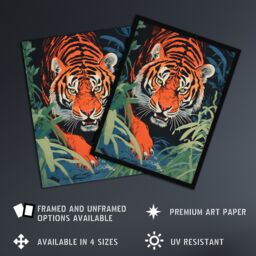 "Artery8 Wall Art Print Jungle Tiger Prowling Stalking Pouncing Animal Nature Artwork Painting Art Framed in Black - Size: W12"" x H16""" - thumbnail 2