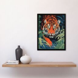 "Artery8 Wall Art Print Jungle Tiger Prowling Stalking Pouncing Animal Nature Artwork Painting Art Framed in Black - Size: W12"" x H16""" - thumbnail 4