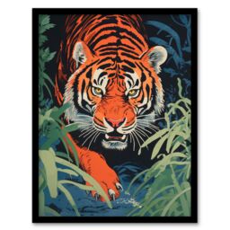 "Artery8 Wall Art Print Jungle Tiger Prowling Stalking Pouncing Animal Nature Artwork Painting Art Framed in Black - Size: W12"" x H16""" - thumbnail 1