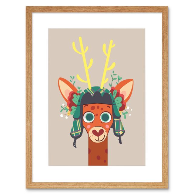 "Artery8 Wall Art Print Stag with Tartan Hat Art Framed 9x7 inch in Beige - Size: W7"" x H9""" - image 1