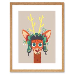 "Artery8 Wall Art Print Stag with Tartan Hat Art Framed 9x7 inch in Beige - Size: W7"" x H9""" - thumbnail 1