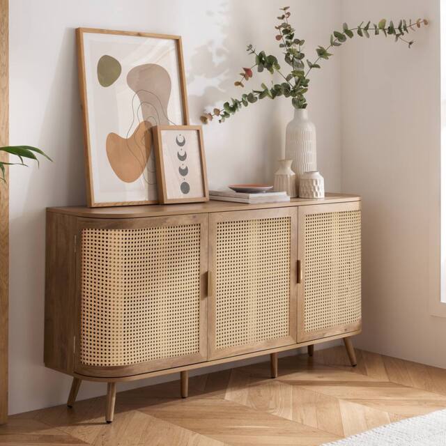 Birlea 3 Door Rattan Sideboard Curved Cupboard Sark Storage Cabinet in Beige - image 1