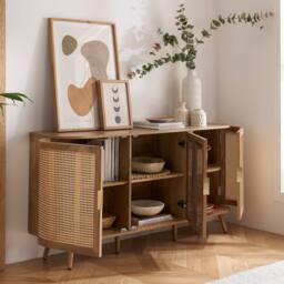 Birlea 3 Door Rattan Sideboard Curved Cupboard Sark Storage Cabinet in Beige - thumbnail 2