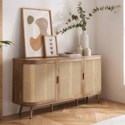 Birlea 3 Door Rattan Sideboard Curved Cupboard Sark Storage Cabinet in Beige - thumbnail 1