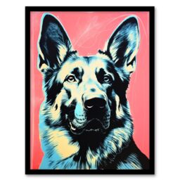 Artery8 Wall Art Print German Shepherd Coral Teal Bold Vibrant Screen Risograph Artwork Spot Block Colour Duotone Retro Riso Interior Design Blue - thumbnail 1