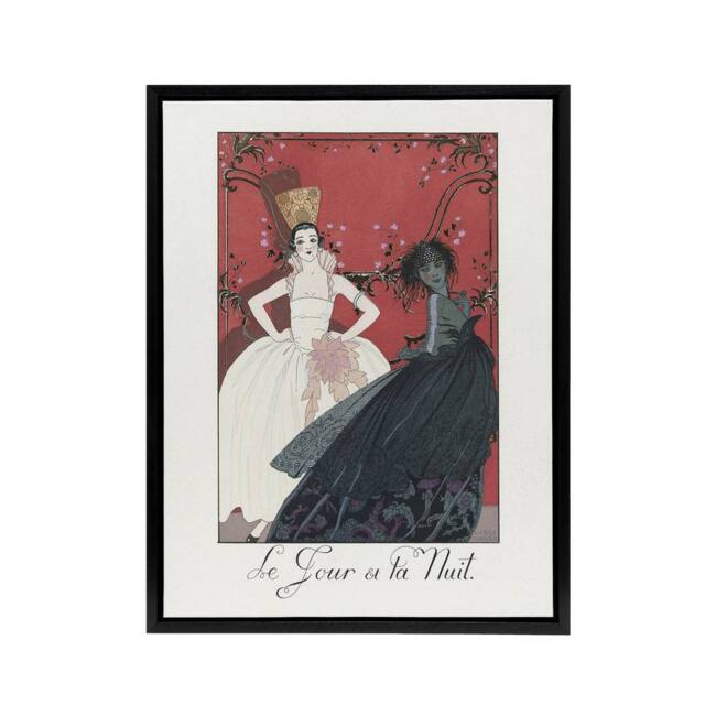 "Artery8 Day & Night Parisian Fashion Advert Barbier Framed Canvas Wall Art in White - Size: W12"" x H16""" - image 1