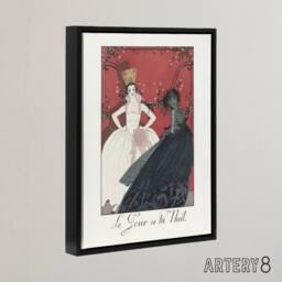 "Artery8 Day & Night Parisian Fashion Advert Barbier Framed Canvas Wall Art in White - Size: W12"" x H16""" - thumbnail 2