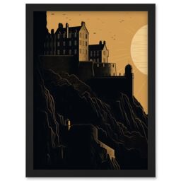 Artery8 Edinburgh Castle at Sunset Linocut Illustration Artwork Framed Wall Art Print A4 in Black - thumbnail 1