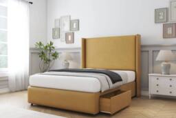 "Sloomy Stratford Plush Divan Set No Drawers-54"" Wingback-Footboard in Mustard - Size: Small Double" - thumbnail 1