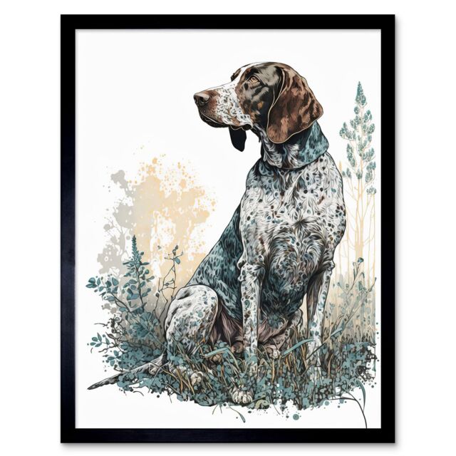 "Artery8 Wall Art Print German Pointer Dog Sitting in Field Modern Detailed Art Framed in Black - Size: W12"" x H16""" - image 1