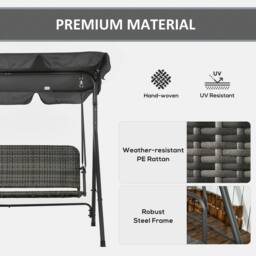 OUTSUNNY 3-person Outdoor Rattan Swing Chair, Hanging Bench with Stand & Adjustable Canopy in Grey - thumbnail 4