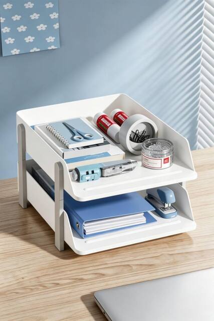 Living and Home 2-Tier Plastic Tabletop File Organiser Storage Rack in White - image 1
