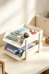 Living and Home 2-Tier Plastic Tabletop File Organiser Storage Rack in White - thumbnail 2