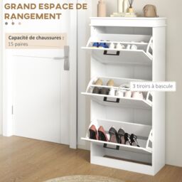 HOMCOM Slim Shoe Storage Cabinet with 3 Flip Drawers for Entryway, White - thumbnail 4