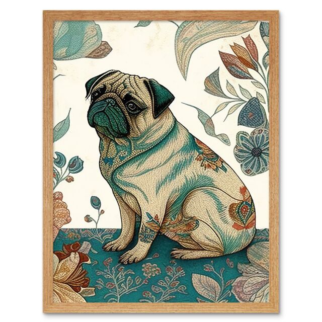 "Artery8 Wall Art Print Pug Dog with Floral Patterns Vintage Inspired Multicoloured Linocut Art Framed in Light Oak - Size: W12"" x H16""" - image 1