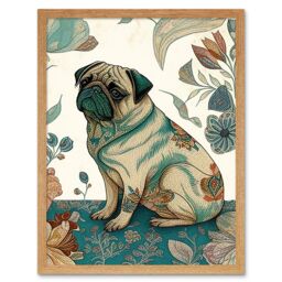 "Artery8 Wall Art Print Pug Dog with Floral Patterns Vintage Inspired Multicoloured Linocut Art Framed in Light Oak - Size: W12"" x H16""" - thumbnail 1