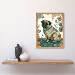 "Artery8 Wall Art Print Pug Dog with Floral Patterns Vintage Inspired Multicoloured Linocut Art Framed in Light Oak - Size: W12"" x H16""" - thumbnail 2