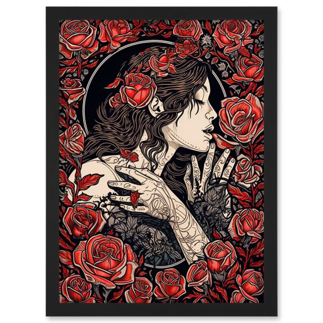 Artery8 Kiss from a Rose Red & Black Floral Illustration Artwork Framed Wall Art Print A4 - image 1