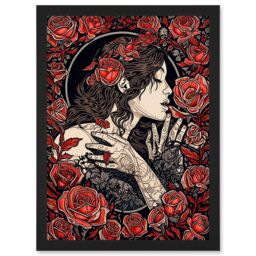 Artery8 Kiss from a Rose Red & Black Floral Illustration Artwork Framed Wall Art Print A4 - thumbnail 1