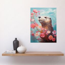 "Artery8 Wall Art Print Otter with a Pink Cherry Blossom Branch Elegant Oil Painting Floating on Lake Water with Flowers Poster - Size: W12"" x H16""" - thumbnail 2