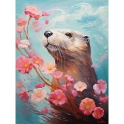 "Artery8 Wall Art Print Otter with a Pink Cherry Blossom Branch Elegant Oil Painting Floating on Lake Water with Flowers Poster - Size: W12"" x H16""" - thumbnail 1