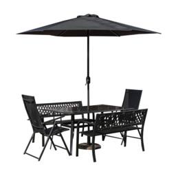 Samuel Alexander Outdoor 6 Person Glass Top Table Benches & Chairs, Havana Parasol & Base Set in Black - thumbnail 9