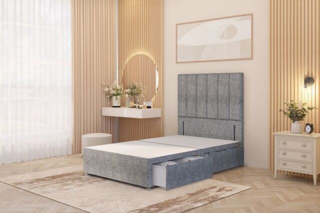 "Somnior Austin 4 Drawer Divan Bed Base & 54"" Floor Standing Headboard Tweed in Grey - Size: King" - image 1