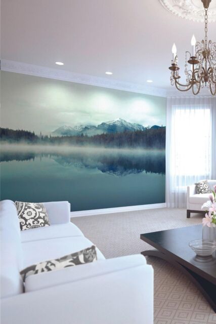 Origin Murals Misty Mountain Lake Wall Mural in Indigo - Size: W300 cm x H240 cm - image 1