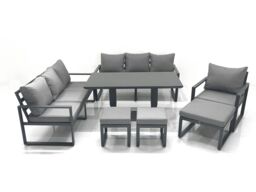 Fimous Outdoor Garden Furniture Set Aluminium Lounge Sofa Adjustable Rising Lifting Dining Table Sets with 3 Footstools Dark Grey - thumbnail 1