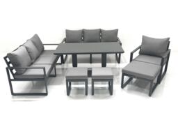 Fimous Outdoor Garden Furniture Set Aluminium Lounge Sofa Adjustable Rising Lifting Dining Table Sets with 3 Footstools Dark Grey - thumbnail 2