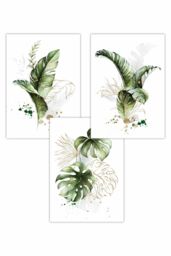 ARTZE Set of 3 Green & Gold Botanical Leaves Art Posters - Size: W42 cm x H59 cm