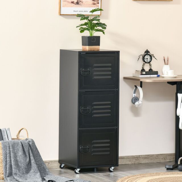 HOMCOM Rolling Storage Cabinet 3-Tier Mobile File Cabinet on Wheels Metal Doors in Black - image 1
