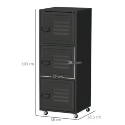 HOMCOM Rolling Storage Cabinet 3-Tier Mobile File Cabinet on Wheels Metal Doors in Black - thumbnail 3