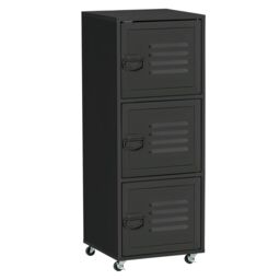 HOMCOM Rolling Storage Cabinet 3-Tier Mobile File Cabinet on Wheels Metal Doors in Black - thumbnail 2
