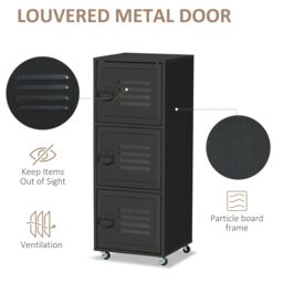 HOMCOM Rolling Storage Cabinet 3-Tier Mobile File Cabinet on Wheels Metal Doors in Black - thumbnail 6