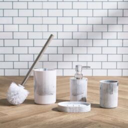 OHS Bathroom Accessories 4 Piece Set Ribbed Soap Tumbler Toothbrush in White